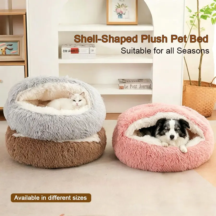 Comfortable Cat Bed Pad Dog Mattress, Warm Soft Plush Pet Bed, Shell Shape Semi-Enclosed Cat Sleep Nest, Suitable for Small Dogs and Kittens
