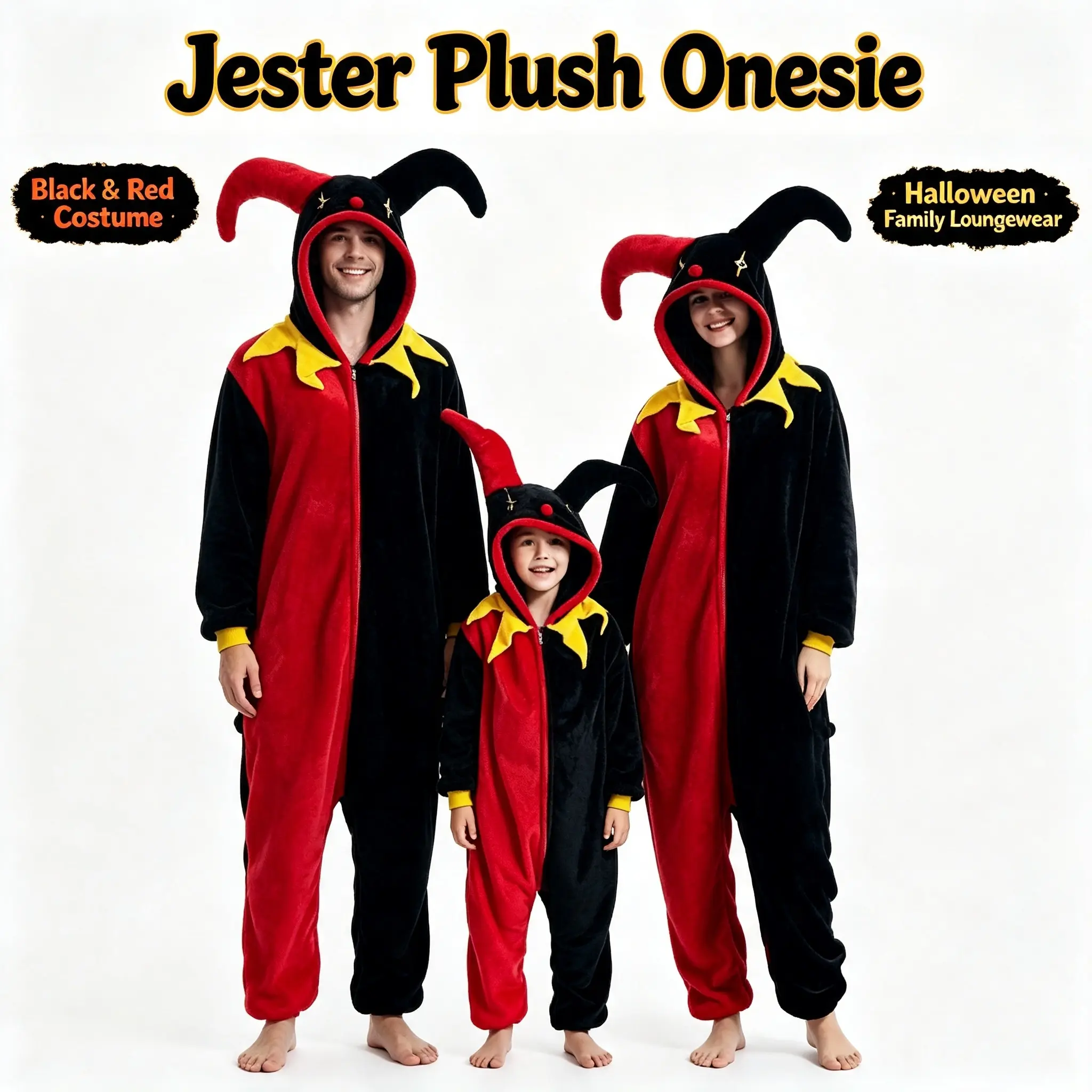 Adult Clown Devil Halloween Costume Jumpsuit Red Black Plush Flannel Hooded Jumpsuit Women Men Zipper Pajamas Cosplay Party Women Casual