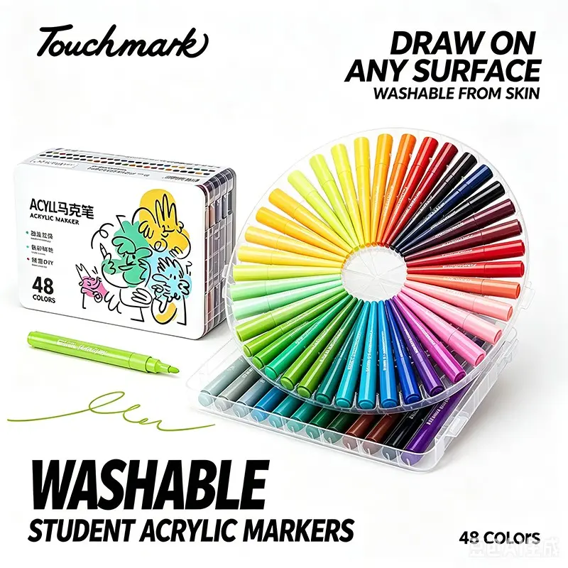 Touchmark 48 Colors Washable Acrylic Paint Markers Non-Toxic Water Based Pens Easy Wash Off Skin Clothes Multi-Surface Paint Pens For Kids Students Rock Wood Glass Ceramic Canvas DIY Crafts Graffiti Art Supplies With Storage Case