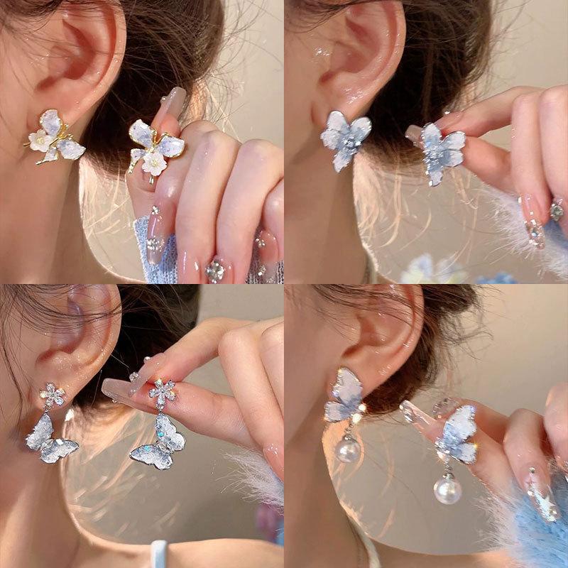 Silver Needle Blue Crystal Butterfly Flower Stud Earrings, Fashionable, Versatile, Fresh, Light Luxury, Elegant, High-End Ear Jewelry