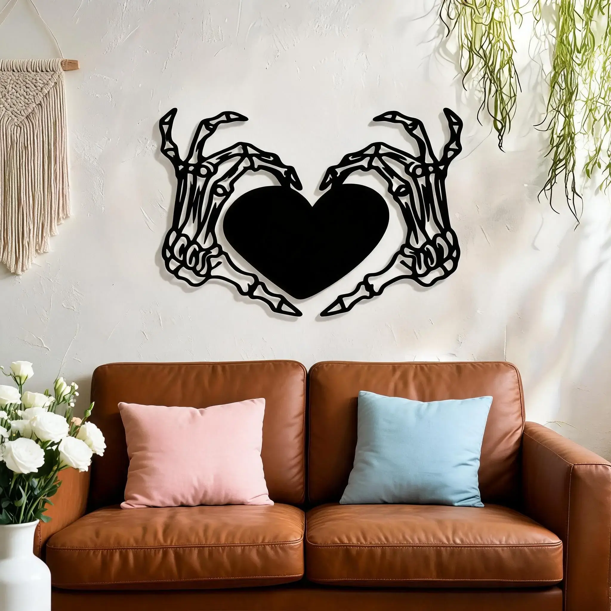 Gothic Halloween Metal Wall Art, Skeleton Hand Sculpture with Olive Leaf Wreath, Indoor Outdoor Decor, Perfect Gift for Halloween Lovers, Artistic Decoration