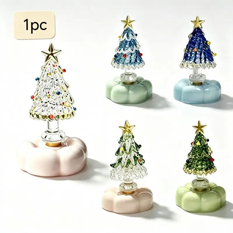 1Pc Rotating Christmas Tree Glass Miniature Figurine Kawaii Cute Pastel Aesthetic Nordic Minimalist 360 Rotating Spin Crystal Glass Look Flower Base Home Desk Office Bedroom Decor Gift Christmas
