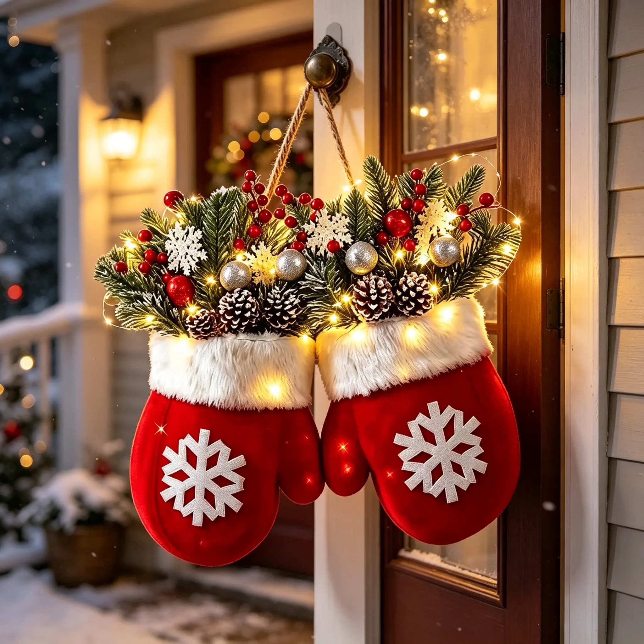 3-piece set of glowing Christmas gloves wreath with LED lights, front door Christmas wreath decorated with artificial pine branches, red berries, and frosted pinecones, suitable for indoor and outdoor decoration, can be used for Christmas trees