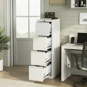 Heavy Duty White Metal 4-Drawer Filing Cabinet with Lock – Vertical File Storage for Letter/Legal/A4 – Adjustable Hanging Rails – Secure Office Storage for Home or Business