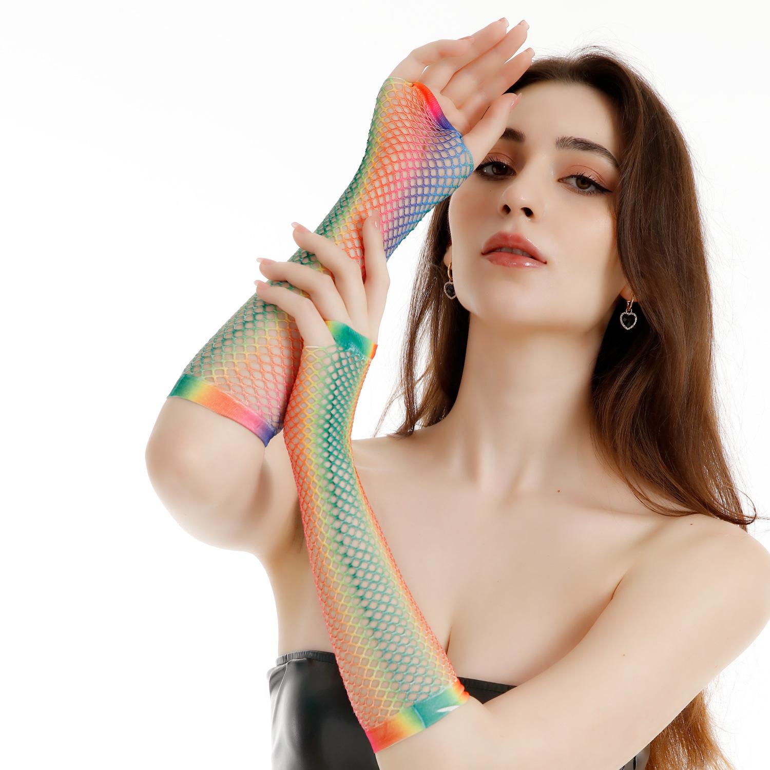 Medium and long colorful printing stretch rainbow fishing net gloves cosplay show party accessories