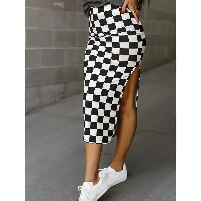 Women's Checkered Midi Skirt - A-line Slimming Black Skirt with Side Slit, Machine Washable Casual Fall Style