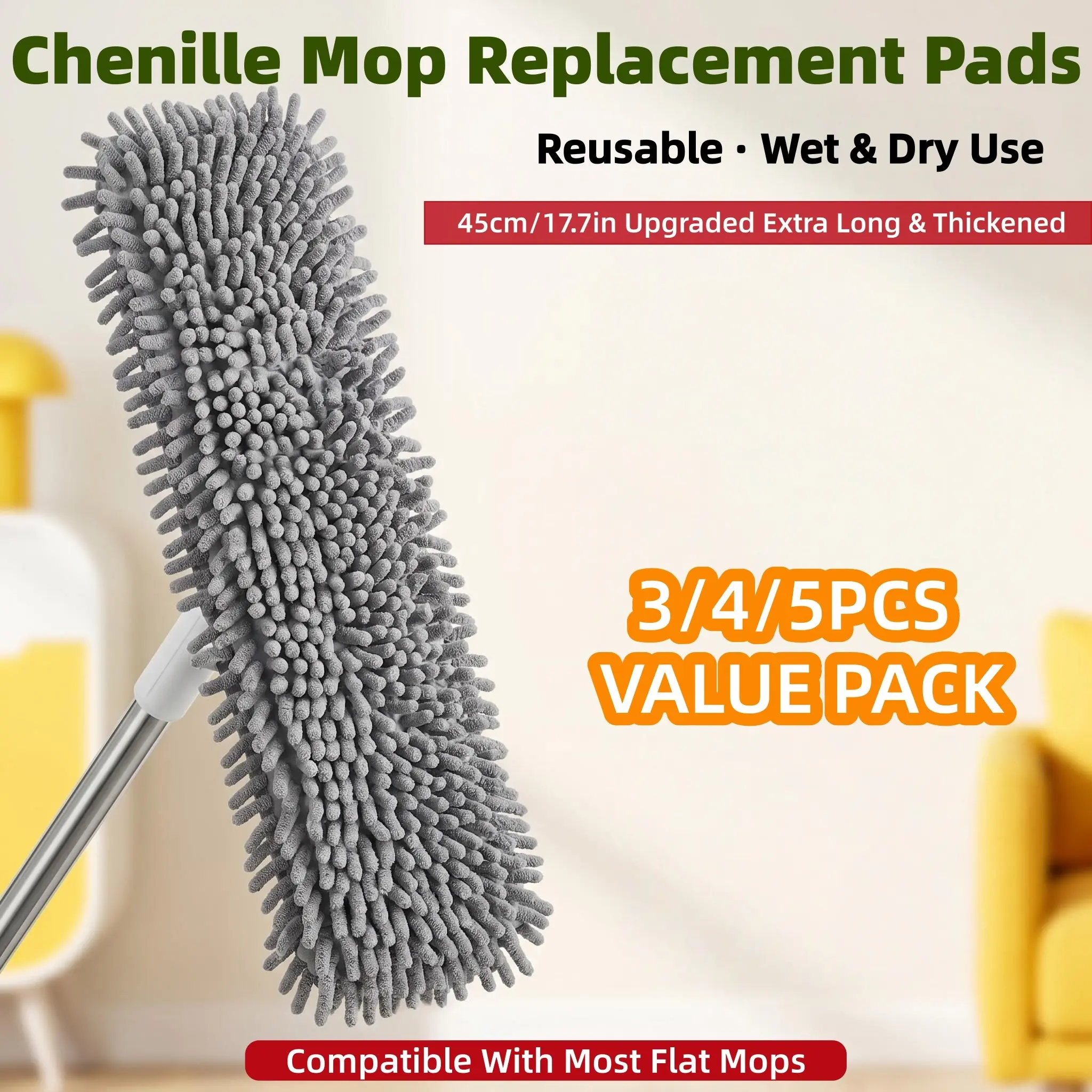 3/4/5PCS Gray Thickened Chenille Mop Replacement Pads, Mop Heads Refills, 45cm/17.7in Extra Large Super Absorbent Mop Refills Reusable Wet Dry Use Machine Washable Mop Cloths, Durable Dust Pet Hair Capture Fit Most Flat Mops Home Cleaning Supplies