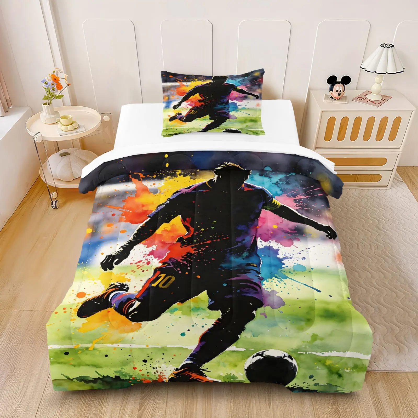 2/3Pcs Watercolor Splash Soccer Comforter Set, Soft Warm All Season, Box Stitching Hypoallergenic, Complete Bedding for Soccer Fans' Themed Bedroom (With Filling, No Pillowcases)