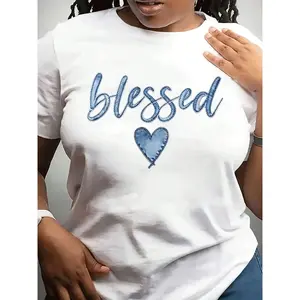 Item Picture Womens Round Neck Fashionable Casual T Shirt Short Sleeved Top For Mothers Day Suitable For Wear Printed Heart Shaped Pattern Ideal For Gifting