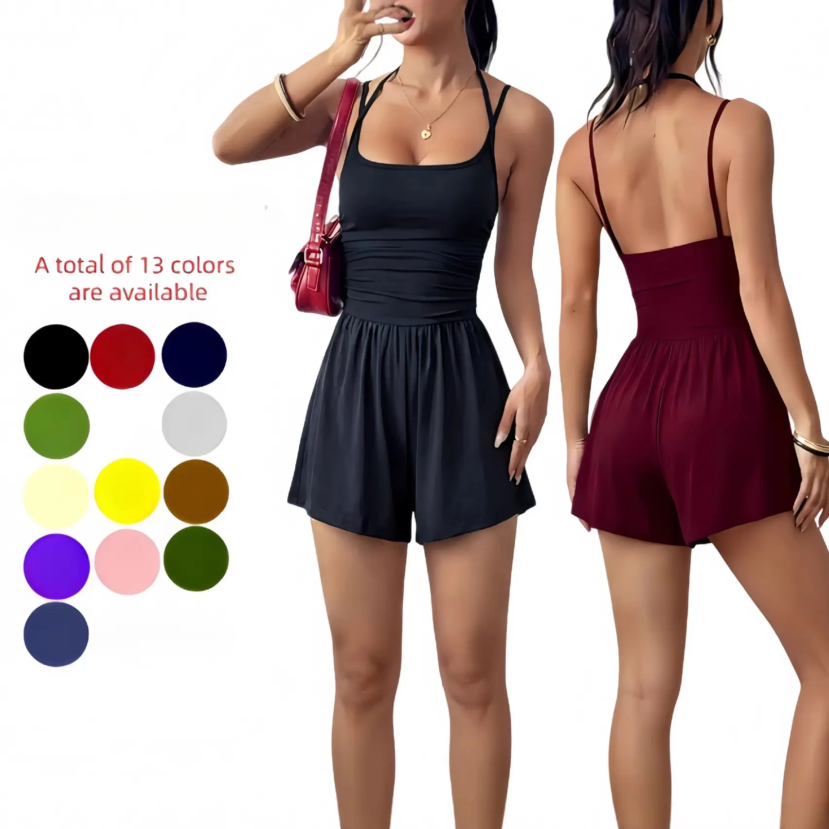 Women's Sports Short Romper, Double-Strap Halter, Square Neck, Ruched Waist, Casual 1-Piece Jumpsuit for Sports & Outdoor Activities