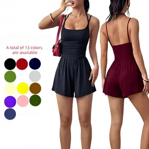 Women's Sports Short Romper, Double-Strap Halter, Square Neck, Ruched Waist, Casual 1-Piece Jumpsuit for Sports & Outdoor Activities