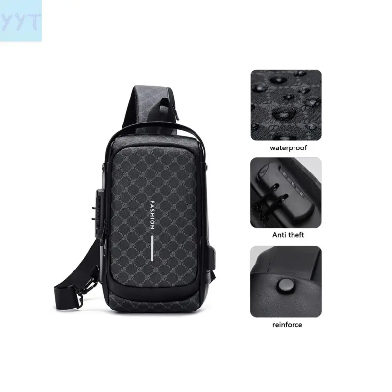 YYT1 Men's Plaid Print PU Leather Crossbody Bag - Password Lock, Waterproof, Large Capacity, Zip Closure, All-Season Belt Bag, All Seasons