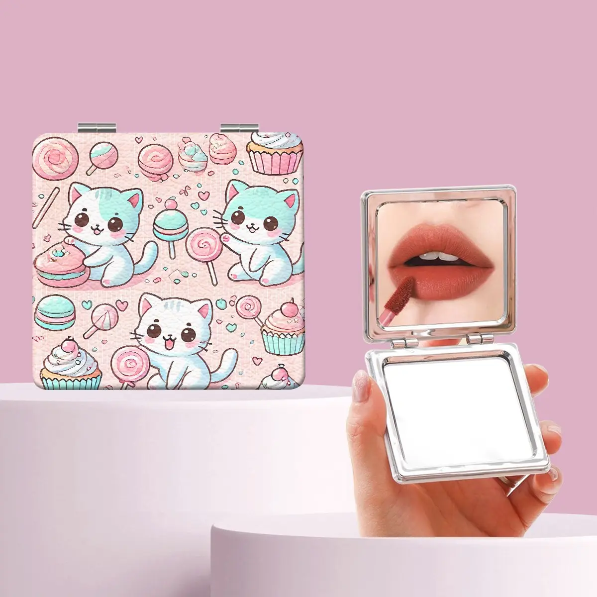 Wind Cat Candy Cake Makeup Mirror, Portable Folding Mini Handheld Mirror, Perfect Gift for Friends and Family