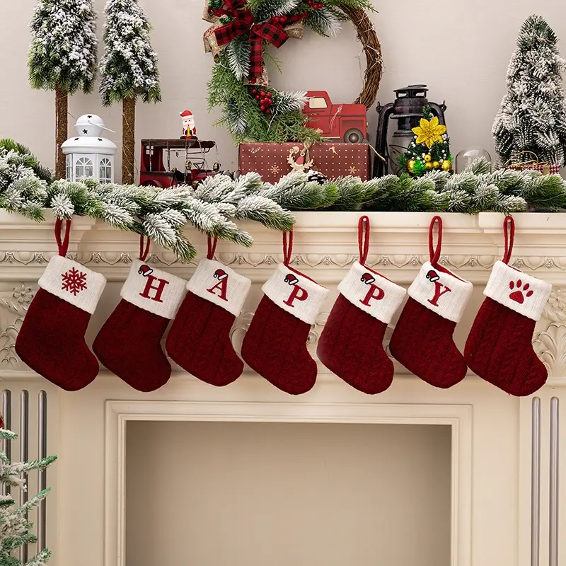 Embroidered Letter Knit Christmas Stockings, Classic Hanging Gift Socks for Storing Candy Treats, Xmas Fireplace Indoor Decor Ornament,ChristmasStockings,KnittedStocking ,EmbroideredChristmasDecor,XmasGiftBag