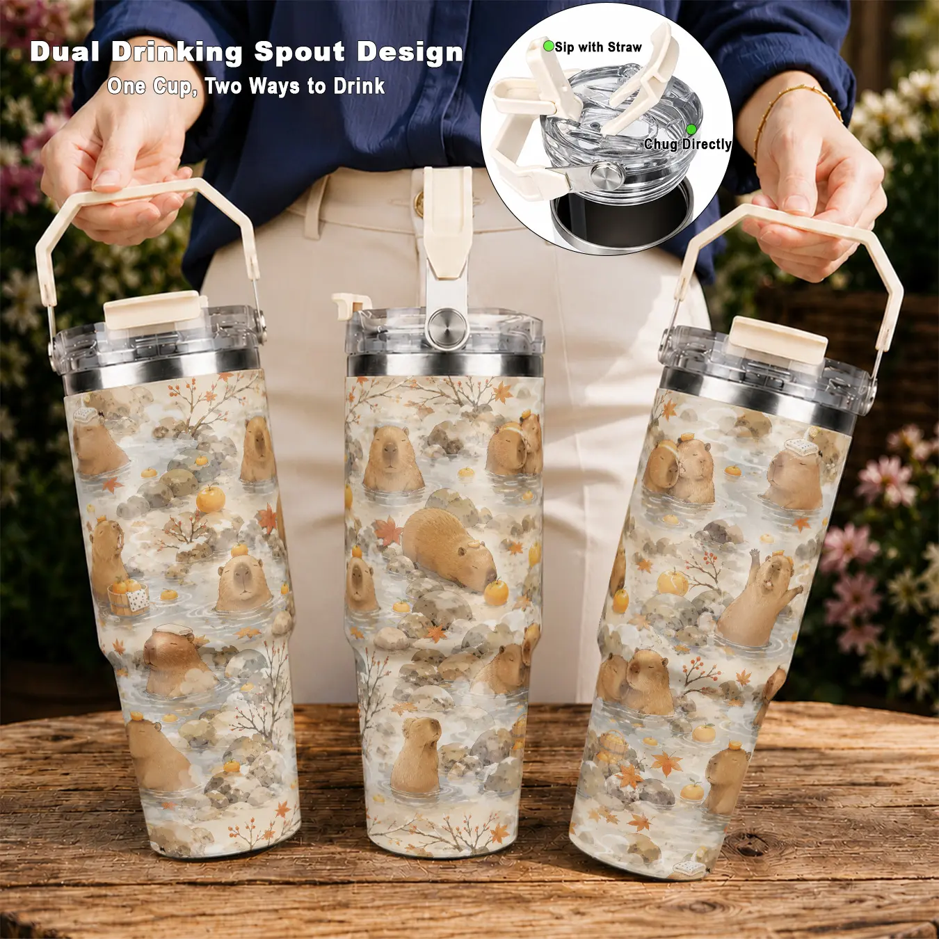 30oz 304 Stainless Steel Hot Cold Insulated Cup, Adorable Capybara Onsen Print, Dual-use Straw Direct Drinking Lid Portable Handle, Spill-proof Large Opening, For Iced Coffee Tea Daily Use Office Road Trip, Great Thanksgiving Gift for Family, Flasks