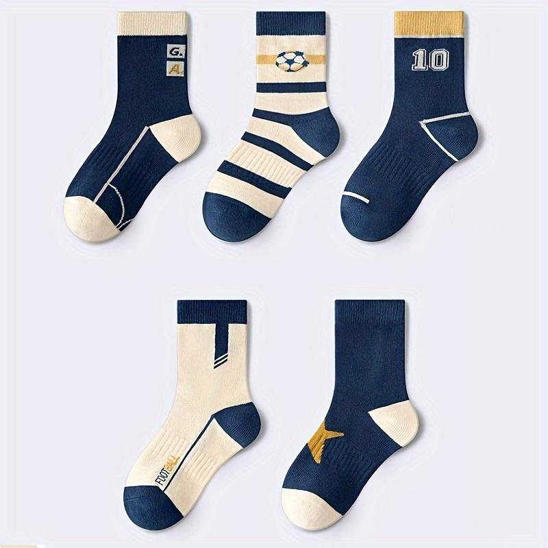 5-pair pack of striped football socks for children, boys' trendy and versatile mid-calf socks suitable for all seasons