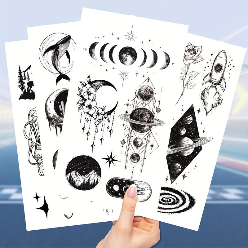 10 Pieces Black Space Temporary Tattoo, Geometric Planet Fake Tattoo Sleeves, Suitable for Women Men Adult, 3D Star Moon Sun Solar System Tattoo Sticker Universe Astronaut Galaxy Arm Art Design-Easy to Apply and Remove, Durable and Durable.