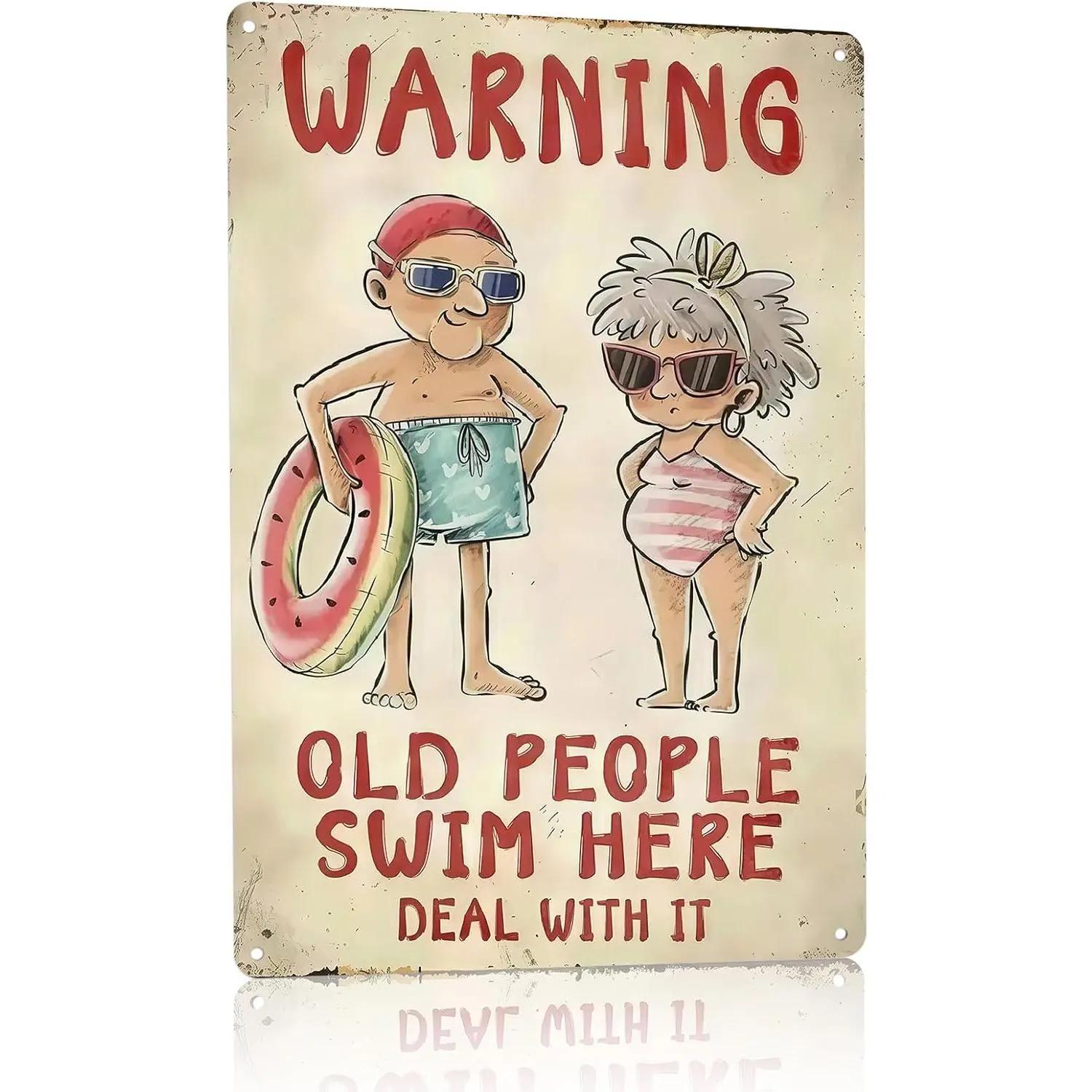 Funny Metal Pool Sign "Old People Swim Here" - Vintage Rustic Wall Decor for Pool, Patio, Humorous Outdoor Sign with Retro Design and Playful Characters, Summer Artwork Decor, 8x12 Inch