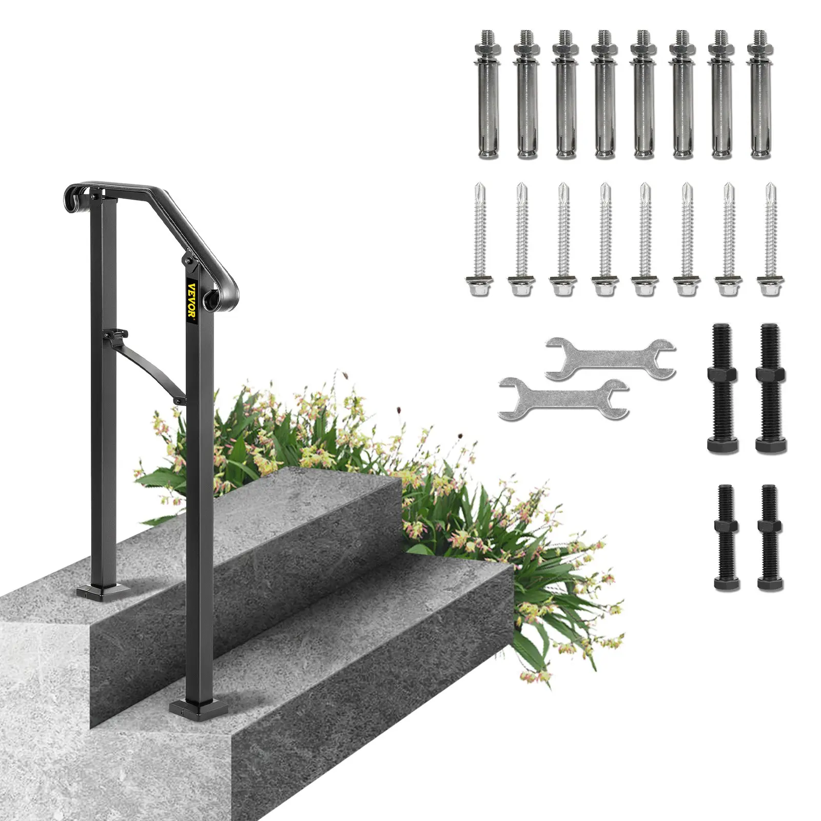 VEVOR Handrails for Outdoor Steps, Fit 1 or 2 Steps Outdoor Stair Railing, Arch#1 Wrought Iron Handrail, Flexible Porch Railing, Black Transitional Handrails for Concrete Steps or Wooden StairsVisit the Happybuy Store