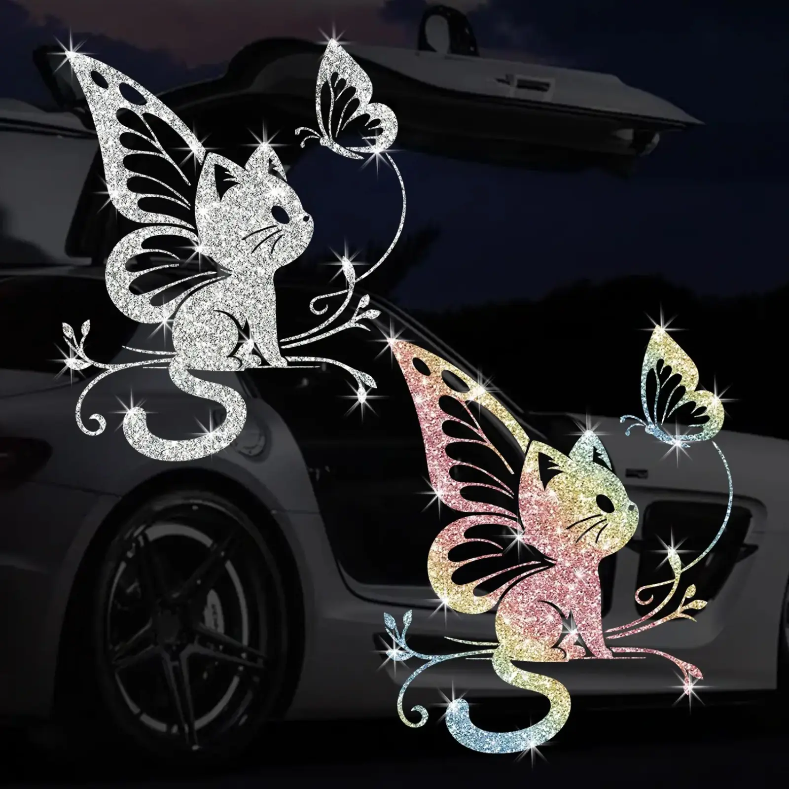Bling Rhinestone Fairy Cat Car Stickers Glitter Butterfly Wings Kitten Decals Waterproof Auto Exterior Decor Cute Window Bumper Gift for Cat Lovers