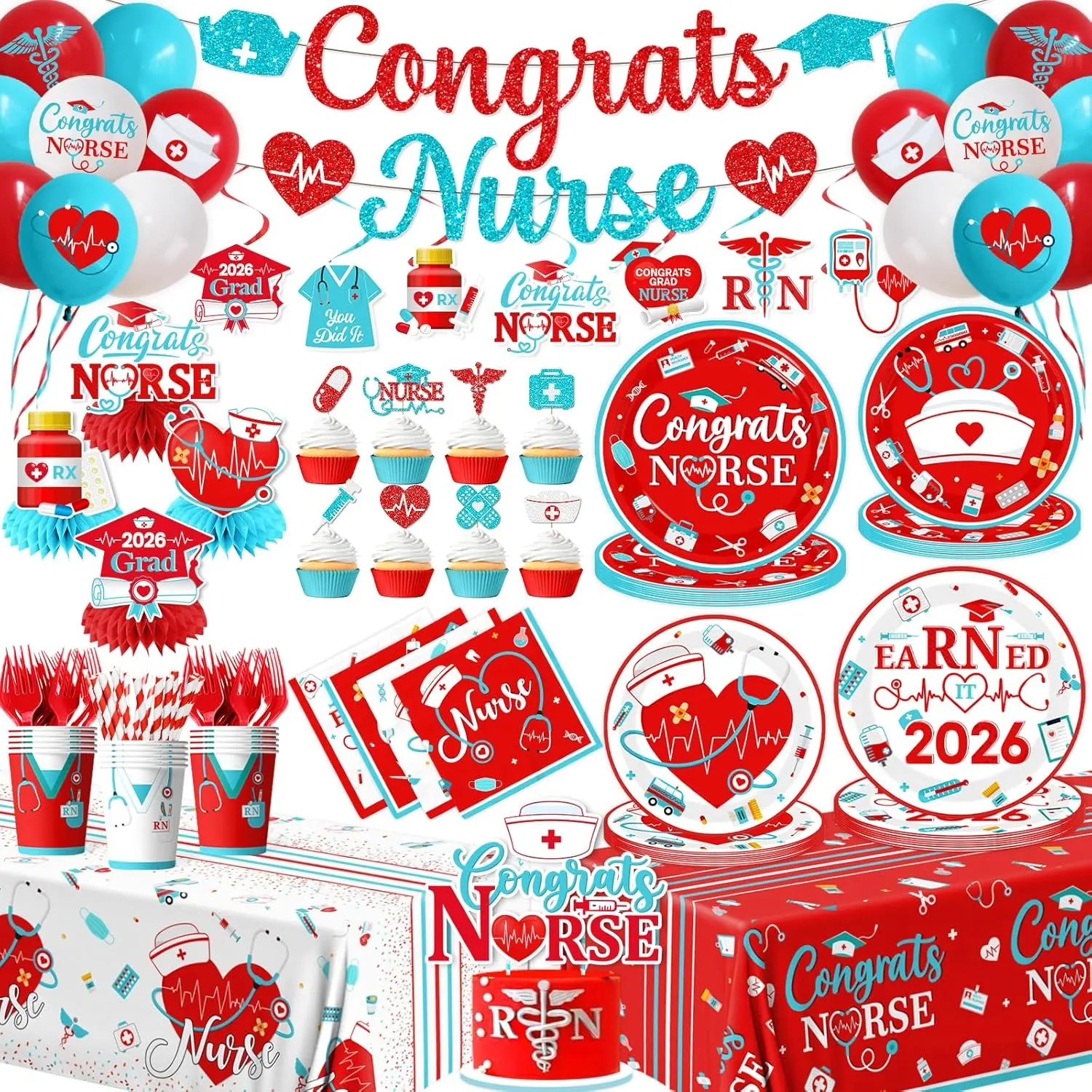 Nurse Graduation Party Supplies,204Pcs Congrats Nurse Tableware Set Plates,Napkins,Banner,Tablecloth,Cupcake Topper for 2026 Nursing School Graduation Doctor Medical Birthday Decorations Serve 24