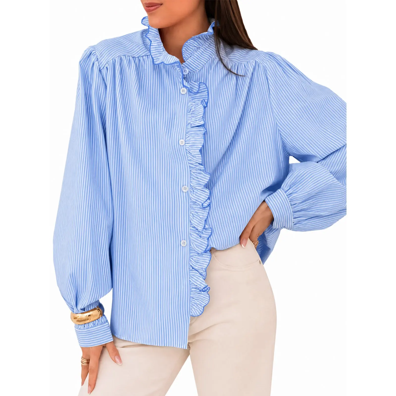 Cicy Bell Womens Ruffle Striped Button Down Shirts Puff Long Sleeve Trendy Casual Blouses Loose Fit Tops