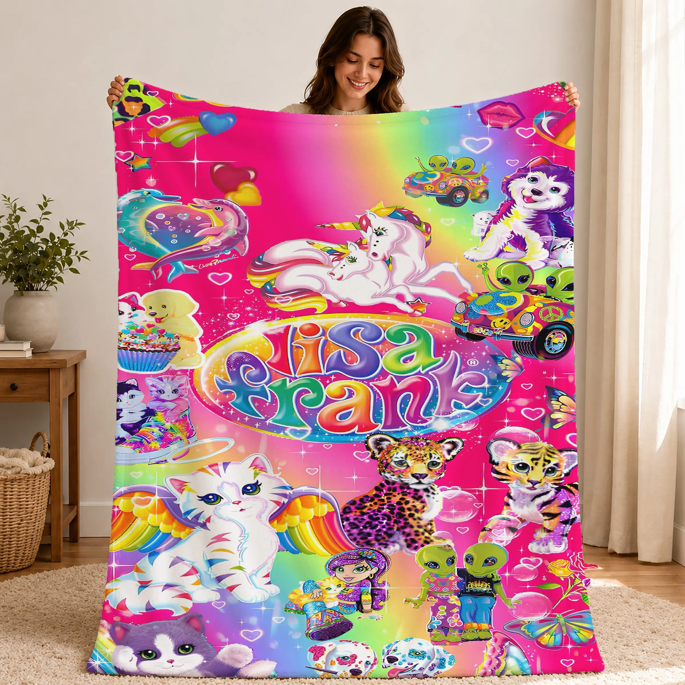 Rainbow Retro Cartoon Collection Fleece Throw Blanket, Central Colorful “Lisa Frank” Logo, Surrounding Unicorns, Kittens, Tigers, Aliens, Rainbows & Hearts Design, Soft Warm Blanket for Sofa Bed Office Camping, Cartoon Fan Birthday Christmas Gift