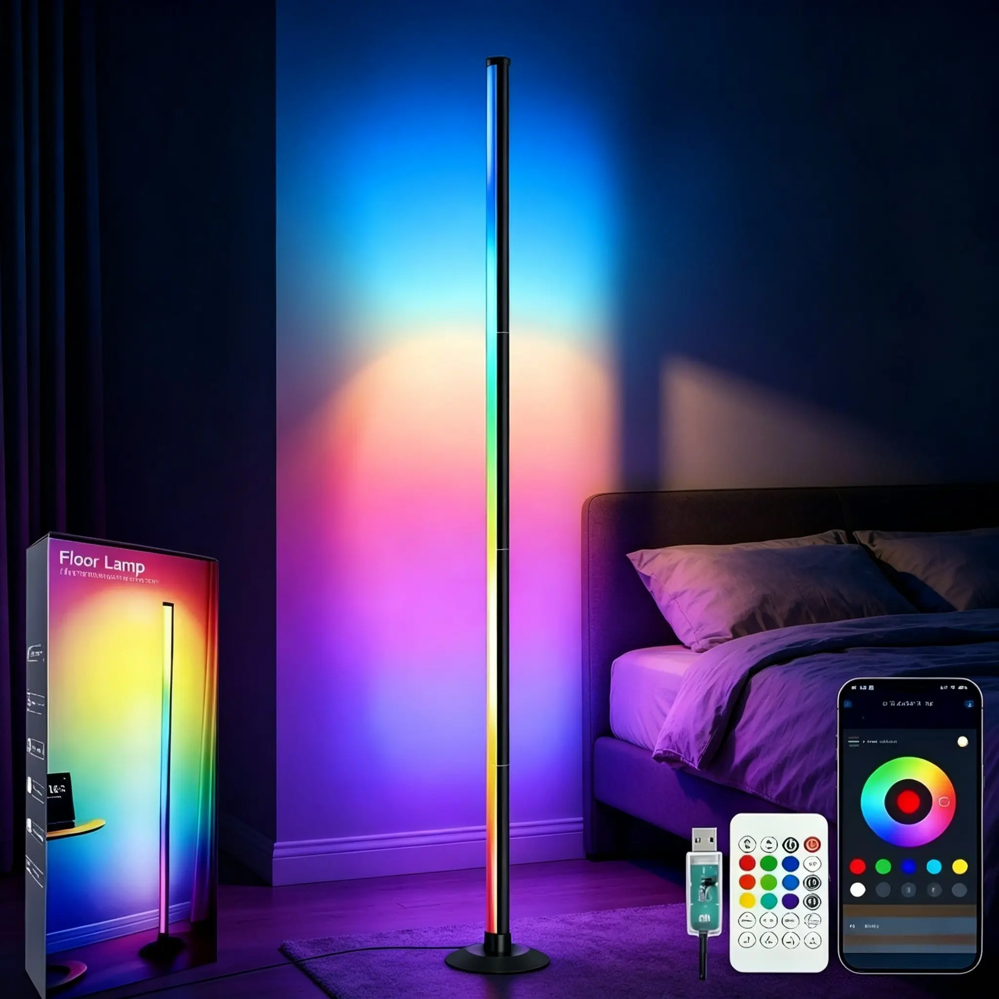 Smart RGB + IC LED floor lamp with remote control and USB power supply, controlled by mobile app,Ambient lights, night lights、 wireless design for home decoration, modern home lighting solution, Halloween decoration, Christmas gift