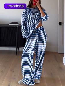 women's casual striped long sleeve top & pants set, comfortable loose-fitting home wear, fashionable two-piece for daily use