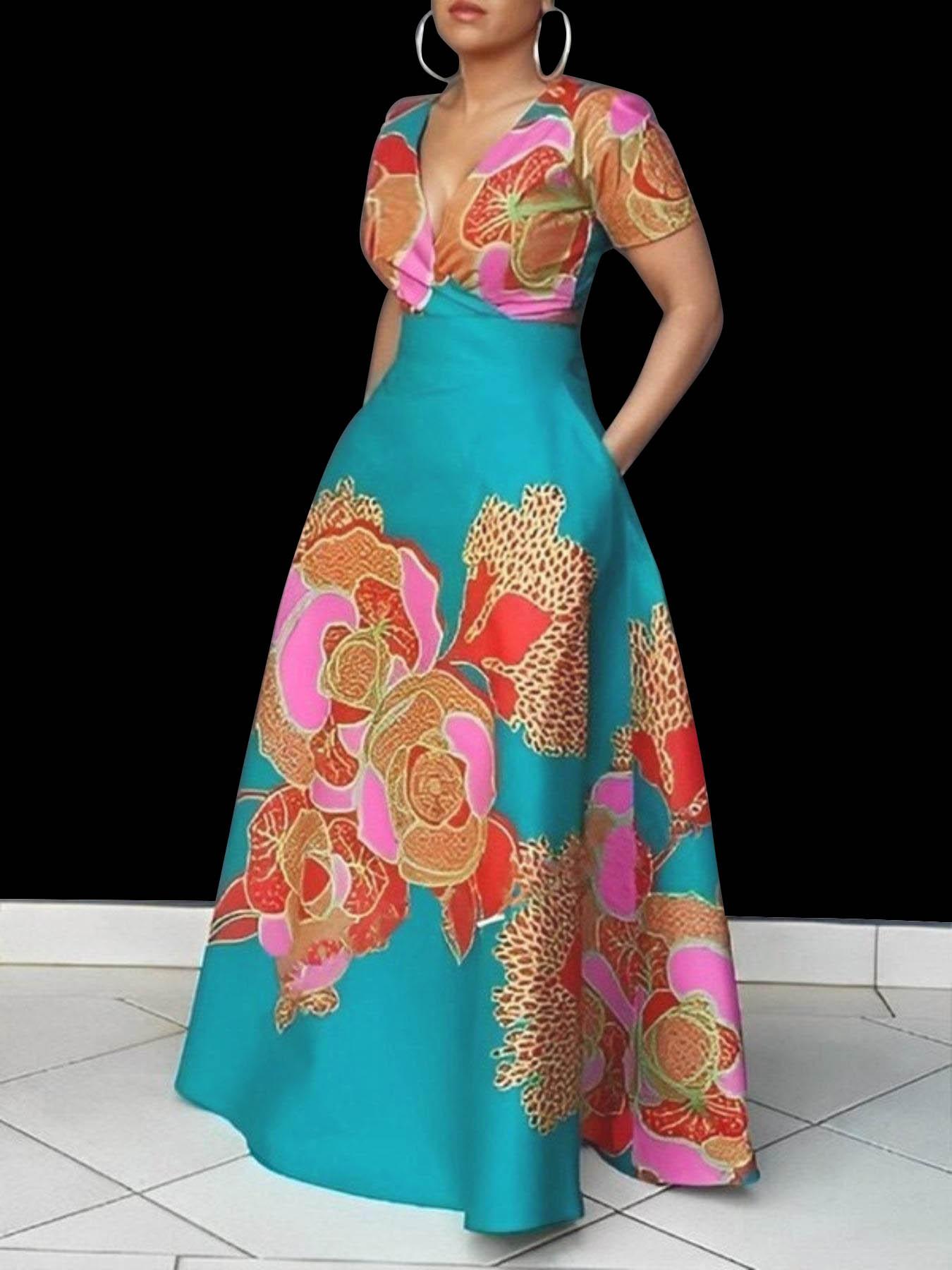 Women's Floral Print Wrap Deep V Neck A Line Dress, Elegant Classy Flattering Short Sleeve Pocket Maxi Dress for Party Holiday Wedding Guest, Ladies Summer Clothes