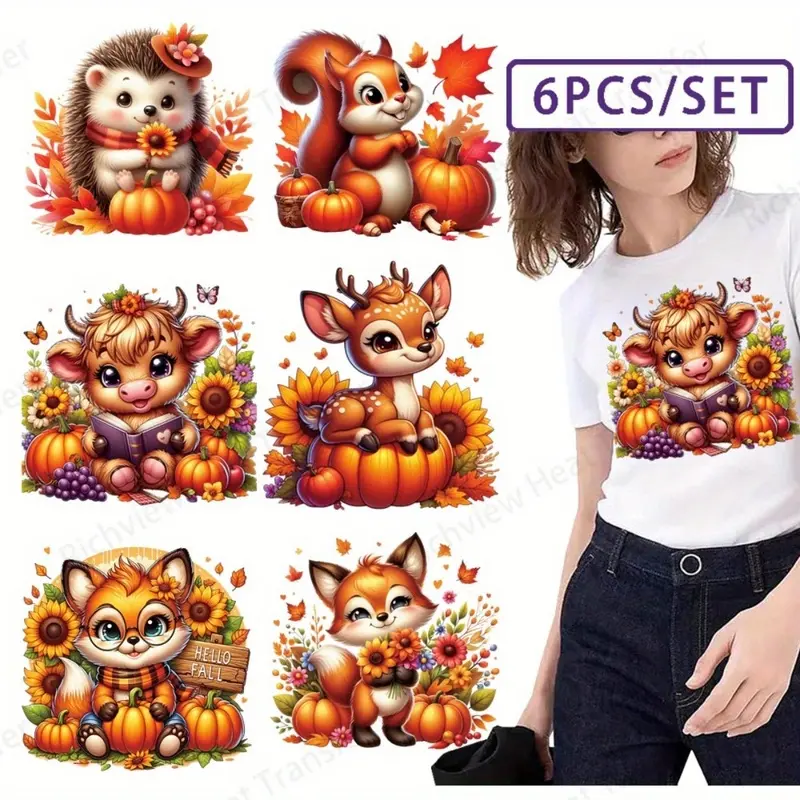 6 Pcs Autumn Theme Heat Transfer Vinyl Patches Washable Iron On Stickers for T Shirts DIY Crafts Accessories