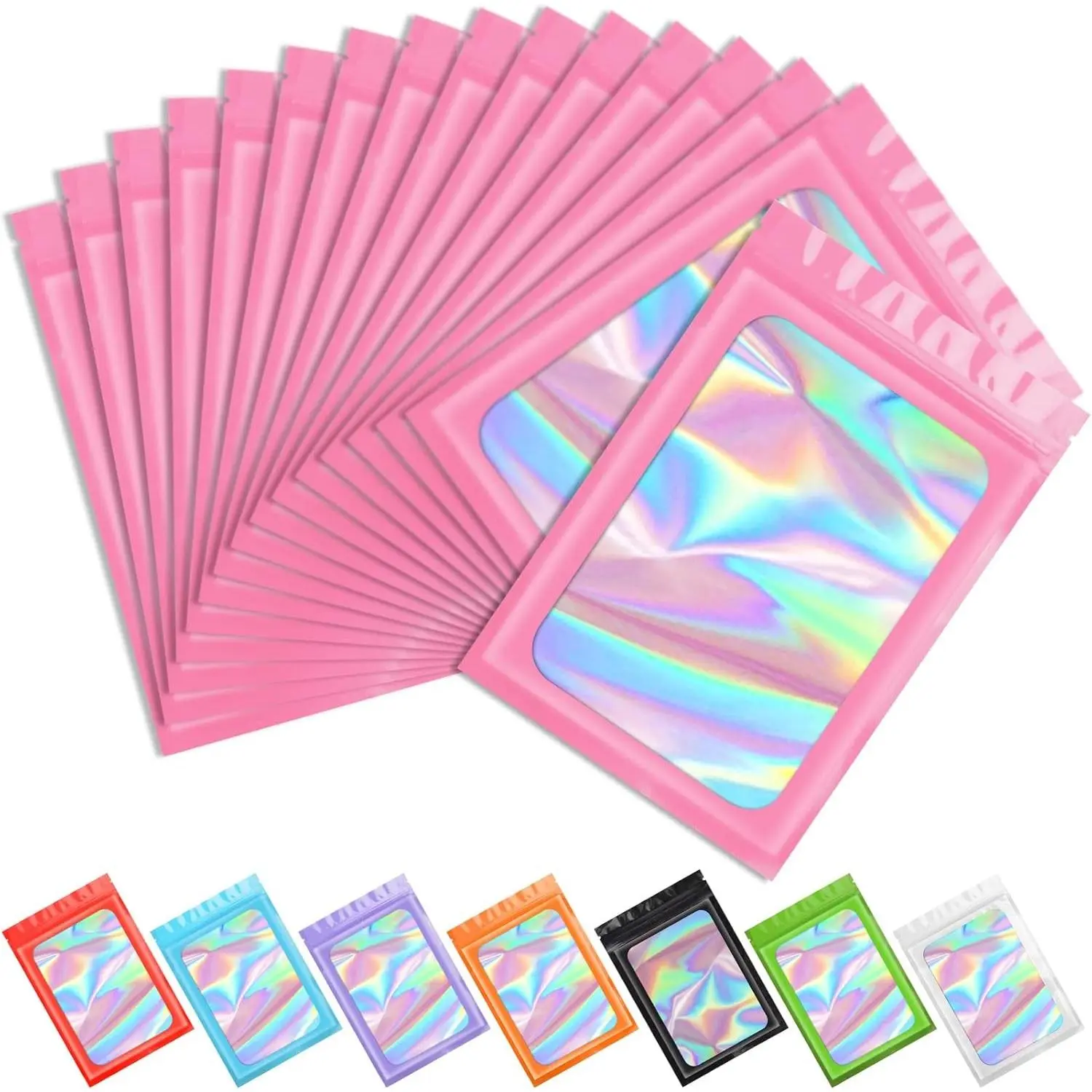 100 pcs Pink Mylar Holographic Bags Packaging Bags,Clear Seal Resealable Smell Proof Bag Foil Pouch Bag for Food Storage and Lipgloss,Jewelry,Eyelash Packaging for Small Business(3x4.7In)