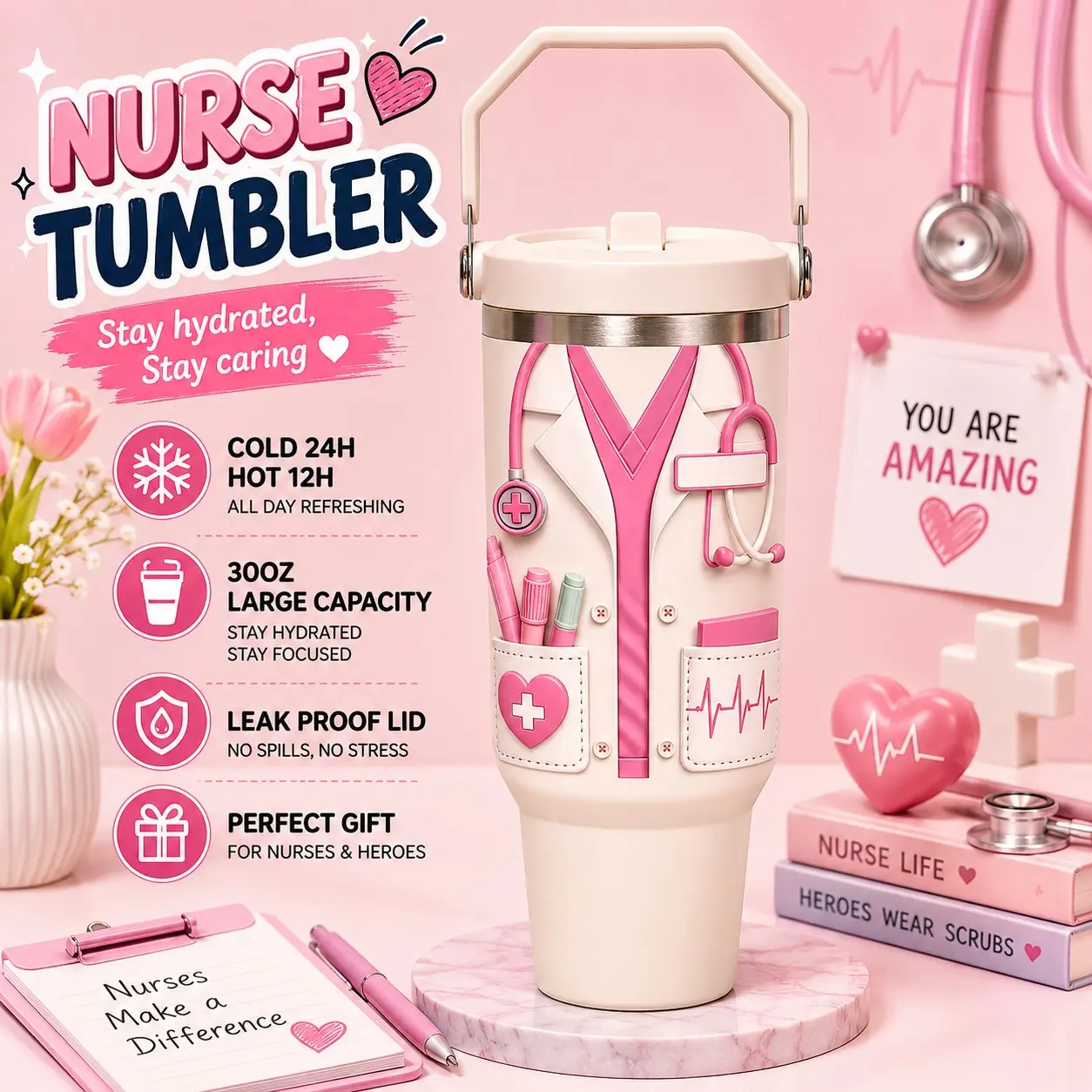 1 Pc 30oz Insulated Mug, Nurse Theme Thermal Mug With Handle, Double Wall Vacuum Cup, Leak Proof Lid, Keeps Hot 12H Cold 24H, Stainless Steel Tumbler, Travel Coffee Mug, Gift For Nurses, Office Hospital Daily Use, Vacuum Thermo Flask