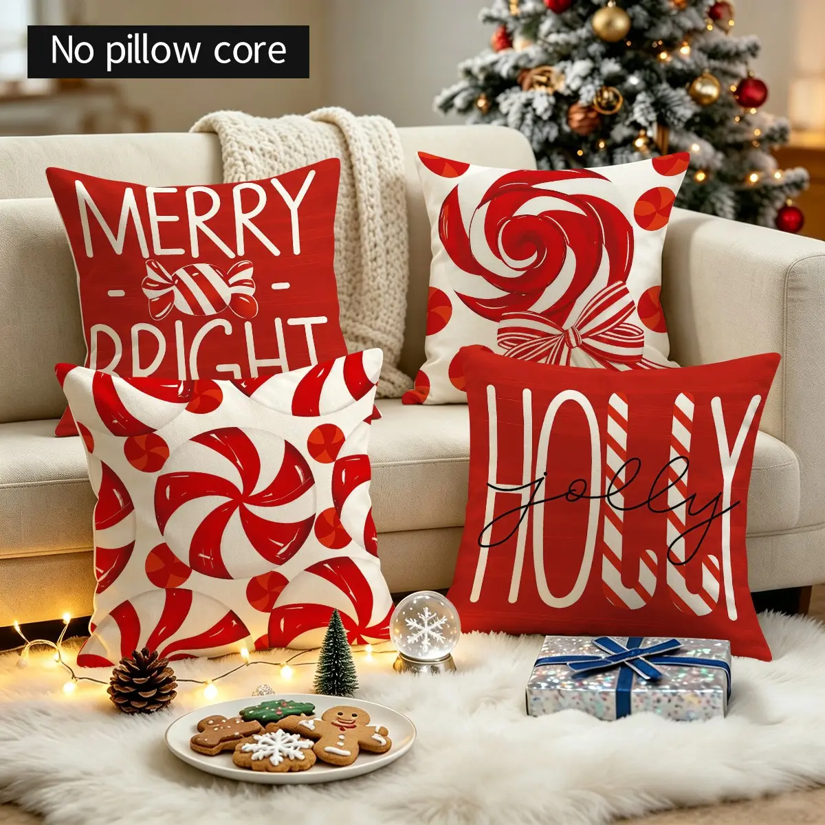 4pcs Christmas Cushion Covers 18x18inch, Festive Red Candy Cane & Peppermint Candy Pattern Sofa Throw Pillow Covers, Fit for Sofa, Living Room, Dining Room, Room Christmas Family Party Decor No pillow insert