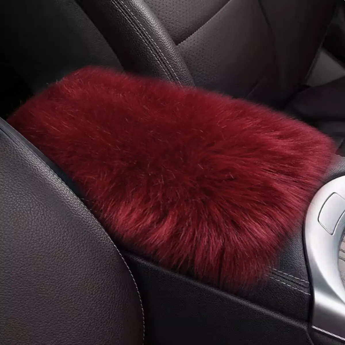 Modern Car Center Console Armrest Cover Pad, 11.81"x7.87" Warm Furry Faux Sheepskin Cushion with Elastic Bands, Protective Car Accessories for MPV/SUV Winter Interior Seat Box Accessory (Burgundy)