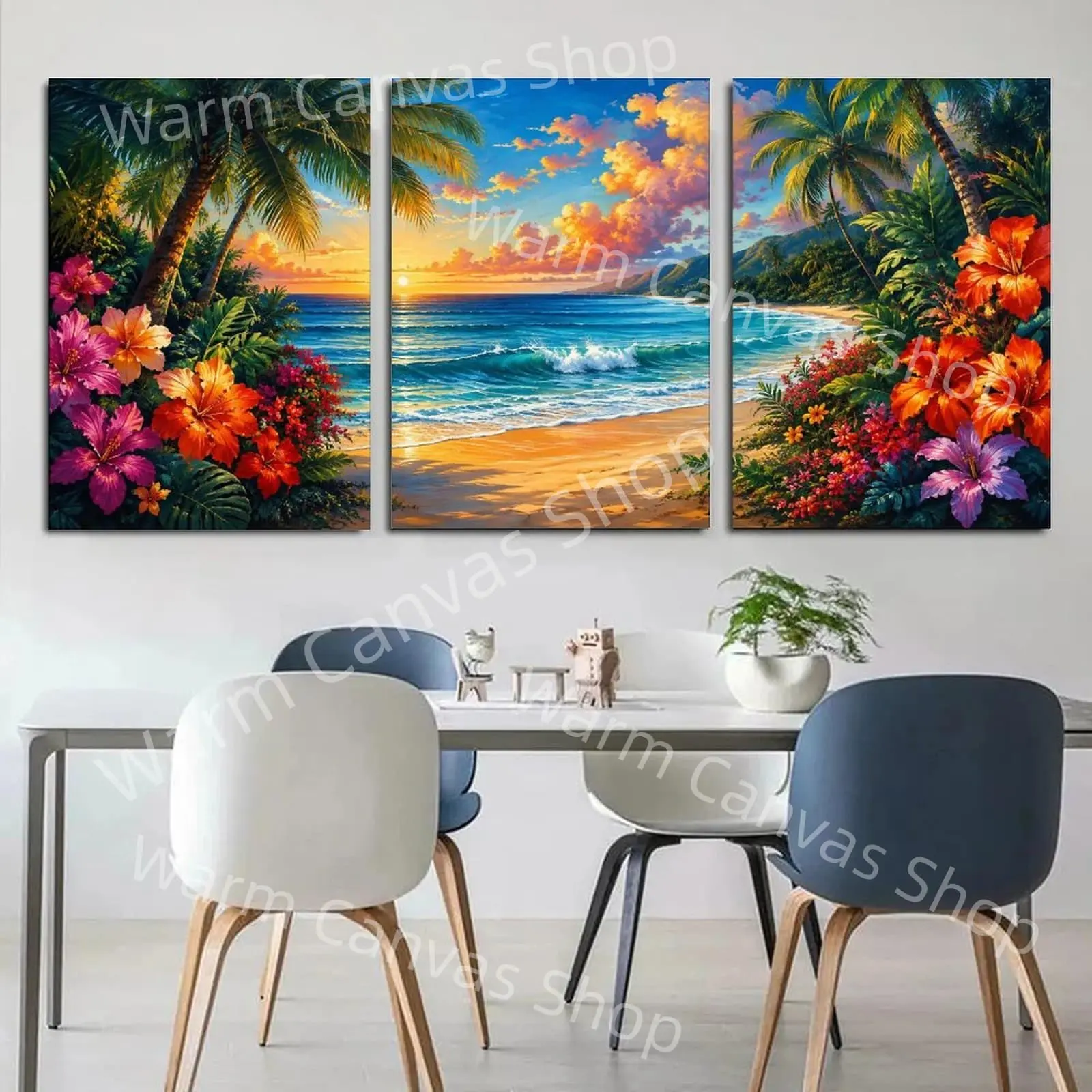 Tropical Beach Sunset Triptych Canvas Wall Art, Hibiscus Palm Tree Ocean Aesthetic Poster, Colorful Living Room Decor, Bedroom Wall Art, Office Wall Decor, Coastal Summer Housewarming Gift