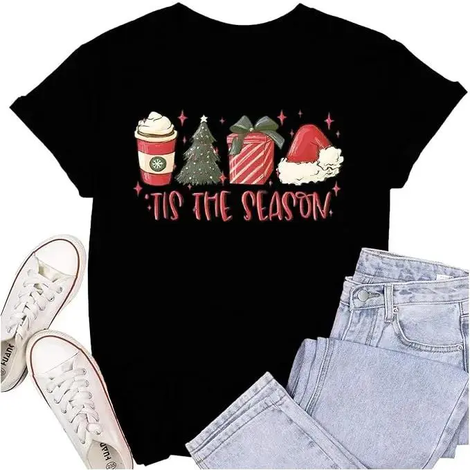 Womens T-Shirt Tis The Season Xmas Tree Coffee Gifts Hat Tee Tops,Woman good graphic tee ,Stylish top