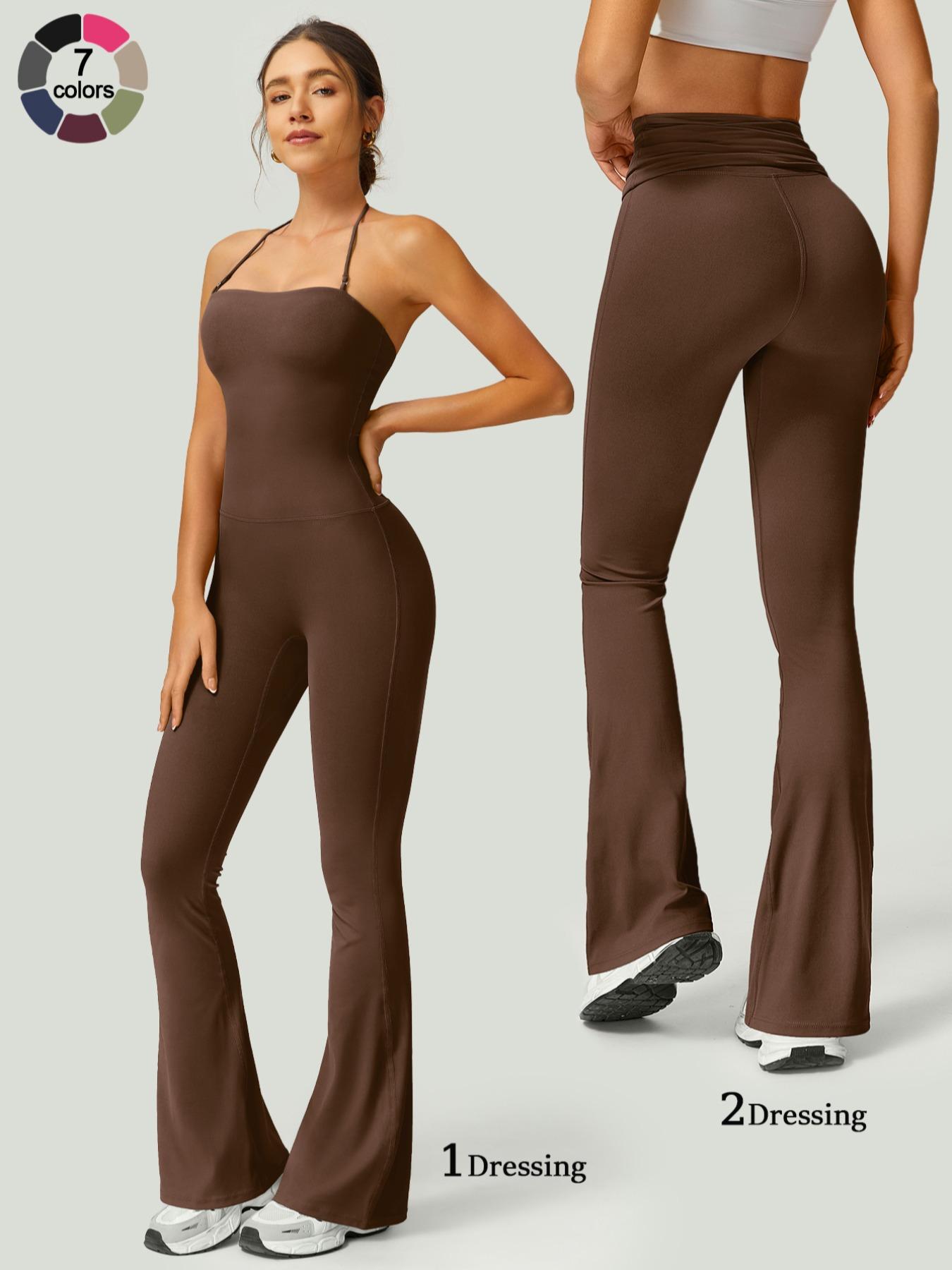 Women's Solid Color Flare Leg Sports Jumpsuit, Casual Comfy Breathable Jumpsuit for Yoga Gym Workout, Ladies Sportswear for Summer, Sportswear Jumpsuits