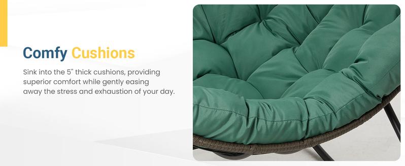 RoyalCraft Patio Rocking Chair with Ottoman, Outdoor Indoor Rocking Egg Chair with Cushions, Metal Lounge Chair Oversized Papasan Chair, Outdoor Wicker Reading Chair for Porch Garden, Green