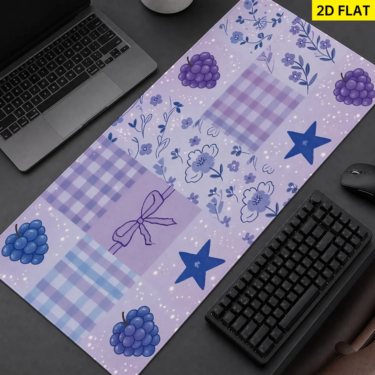 Extra Large purple grape flower plaid bow Mouse Pad,Non Slip Rubber Pad,Desktop Decoration Drotection Pad,Washable,Lock Edge Multi Size,Premium Multipurpose Mousepad For Home,Office,Gift for Family and Friends