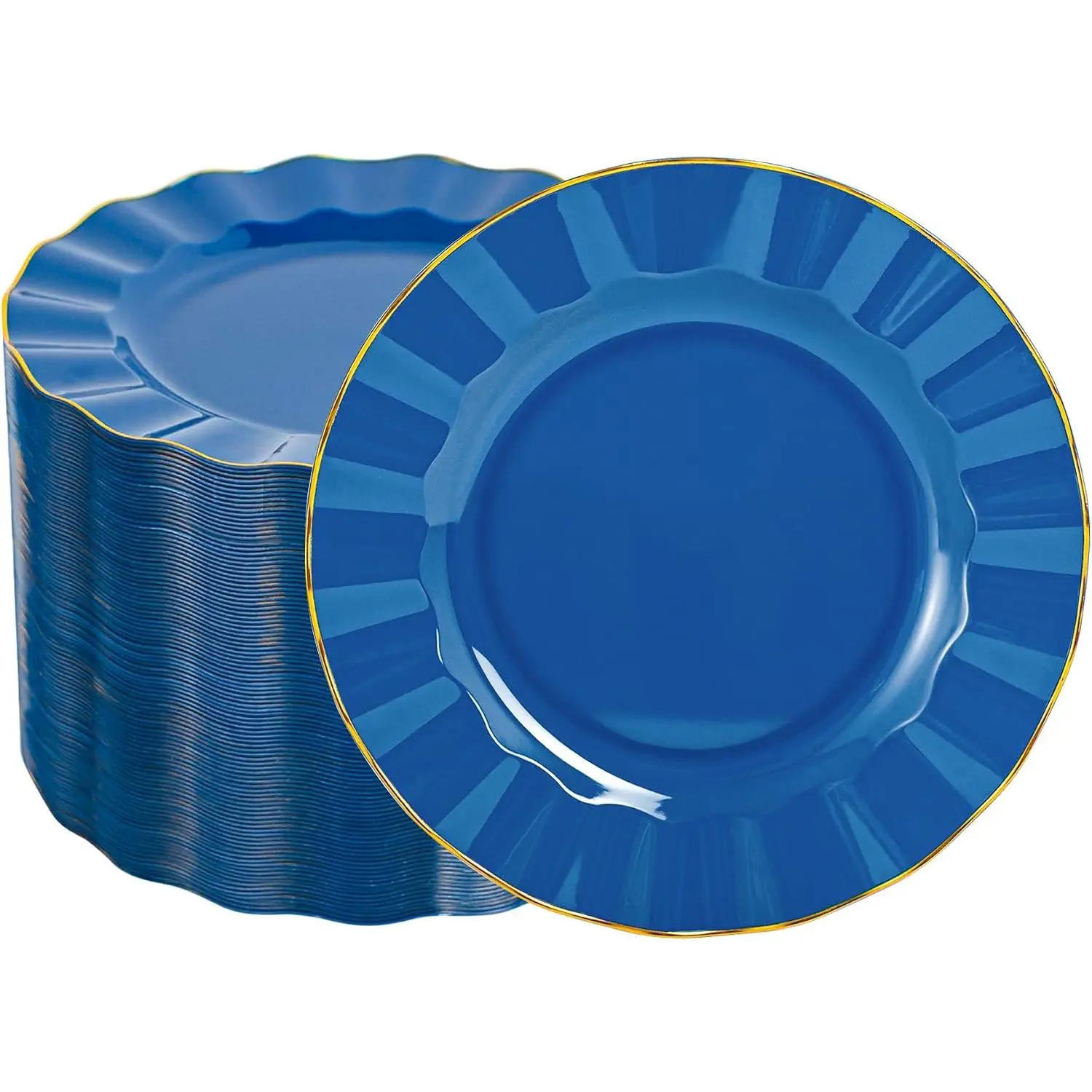 100 Pack Navy Blue Plastic Plates with  Rim, 7in Dessert Plate | Disposable Wave  Dessert Plate Heavy Duty Elegant Scalloped Round Salad Plates for Party, Wedding
