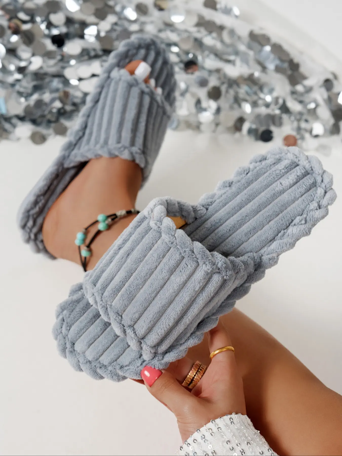 Women's Striped Fleece Open Toe Flat Slide Slippers, Cozy Soft Home Shoes, Scalloped Edge Design, Warm House Slippers #FlatSlides #FleeceFabric #StripedTexture #WomensFootwear