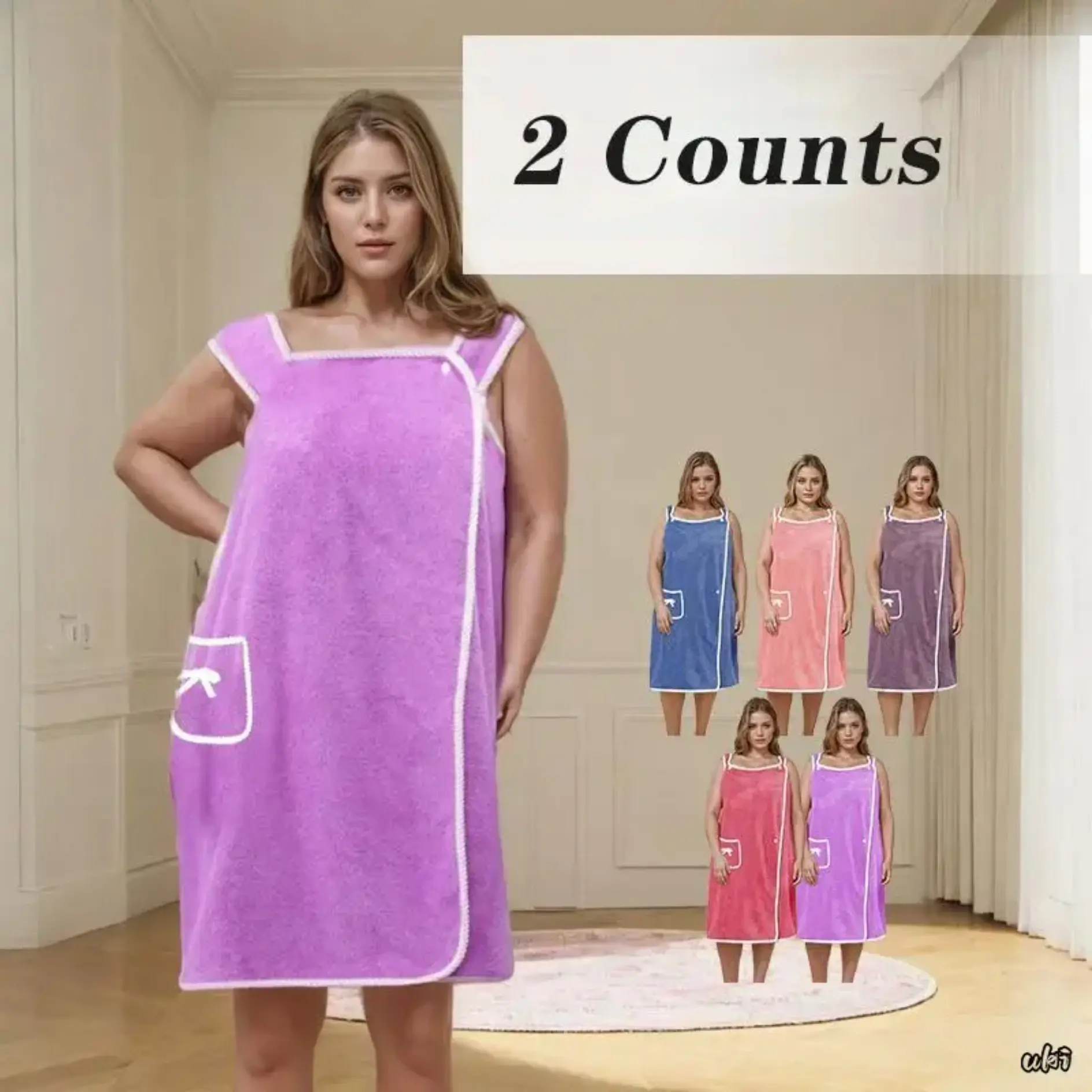 Women's 2-Piece Plus Size Sleeveless Bath Towel Dress - Absorbent, Soft Lightweight Fabric, Comfortable Bathrobe, Pocketed Loungewear for Swimming, Home & Hotel Accommodation (Fits Plus Sizes), Bathing, Bathroom, Spa, Two Pieces