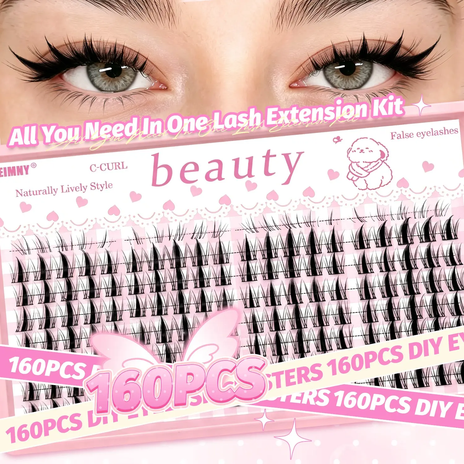 False Eyelash Set With Bottom Lashes 160pcs, C-Curl, With Bond & Seal, Tweezers, And Brush, Manga & Fox Eye Style, Diy Lash Extensions Kit, Makeup Products For Women