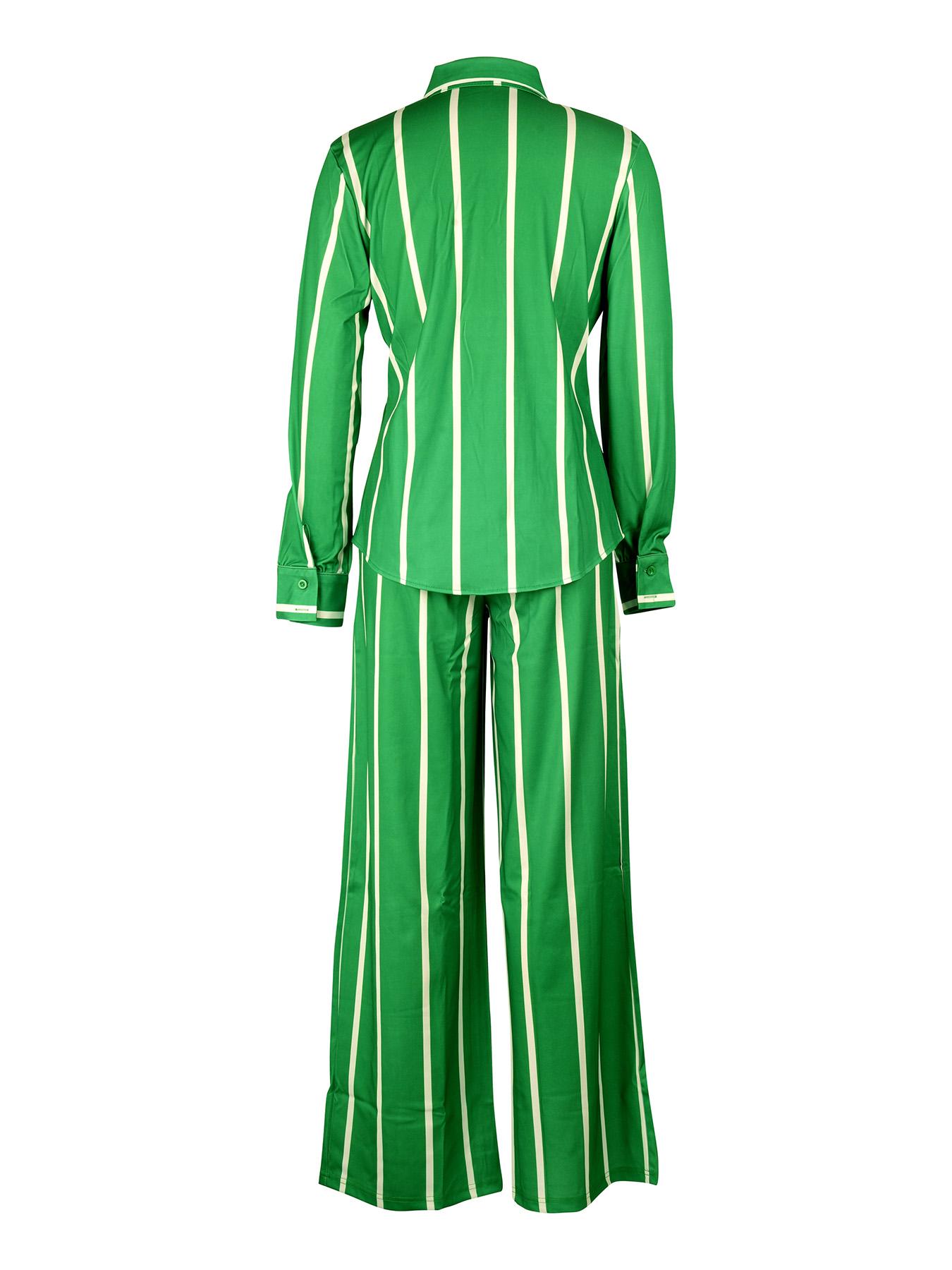 Women's Striped Print Button Front Shirt & Wide Leg Pants, Chic Elegant Casual Fitted Long Sleeve Collared Shirt & Trousers Set for Fall, Ladies Formal Clothes for Work Office Daily Wear, Two Piece Set Women, Casual Summer Set, Suits, Casual Fashion Set