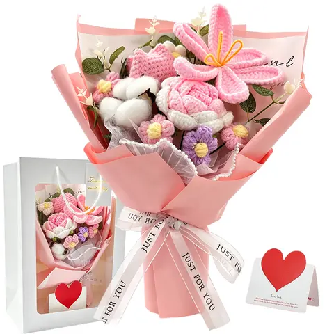 Crochet Flowers Bouquet with Gifts Bag,Hand Knitted Flower For Weddings & Anniversaries,Valentine's Day Gifts Birthday,Mother’S Day, Teacher’S Day ,Pink Decorative Artificial Flower Set forever lasting