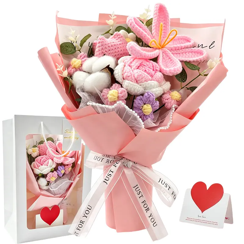 Crochet Flowers Bouquet with Gifts Bag,Hand Knitted Flower For Weddings & Anniversaries,Valentine's Day Gifts Birthday,Mother’S Day, Teacher’S Day ,Pink Decorative Artificial Flower Set forever lasting