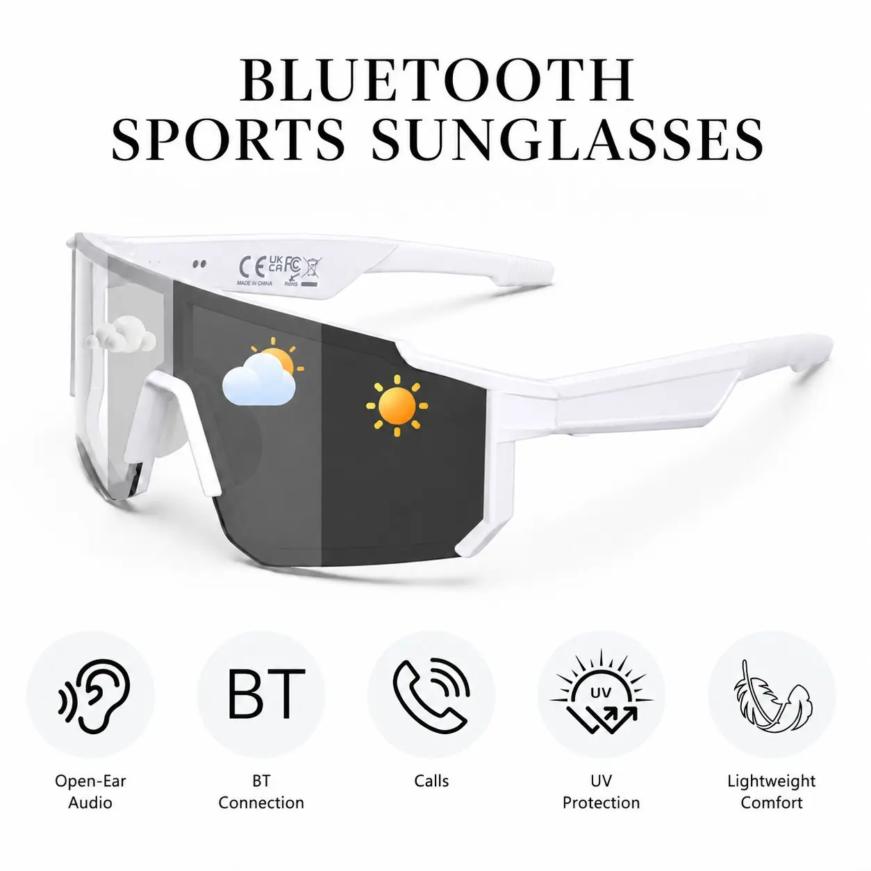 Bluetooth Sports Glasses for Cycling, Open-Ear Audio, Hands-Free Calling, Polarized UV400 Lens, Touch Control Music Eyewear for Outdoor Riding, Wearable