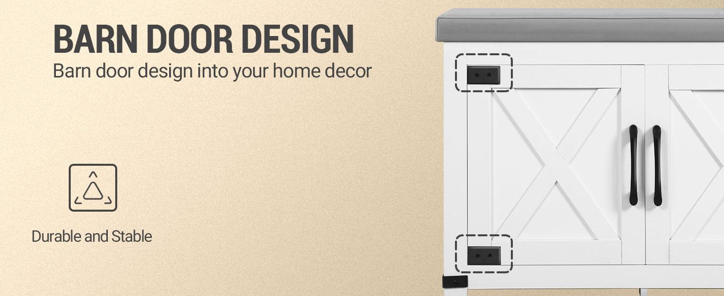 Shoe Storage Bench, 2 Tier Shoe Bench with Padded Seat Cushion & 2 Barn Doors, Entryway Bench with Adjustable Shelf, Farmhouse Shoe Cabinet for Living Room, Bedroom, White