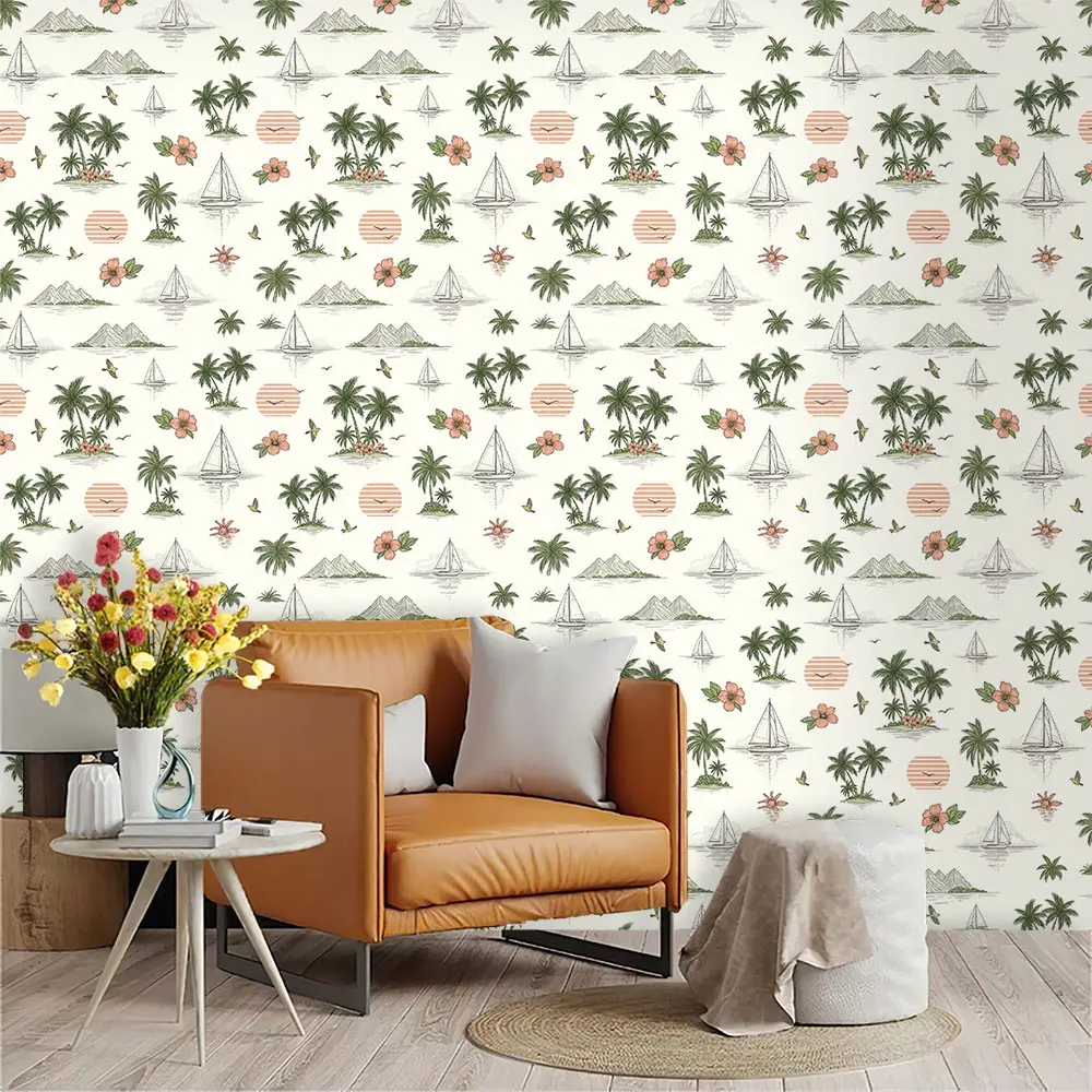 Vintage Hand-Drawn Tropical Island Wallpaper, PVC Material, Mould-Proof, Easy Peel-And-Stick, Ideal for Kitchen/living Room/bedroom Decor